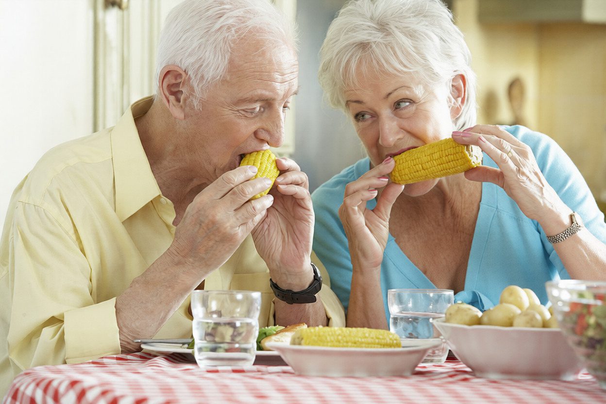 Older couple comfortably eating corn after restoring their smile with full-arch dental implants