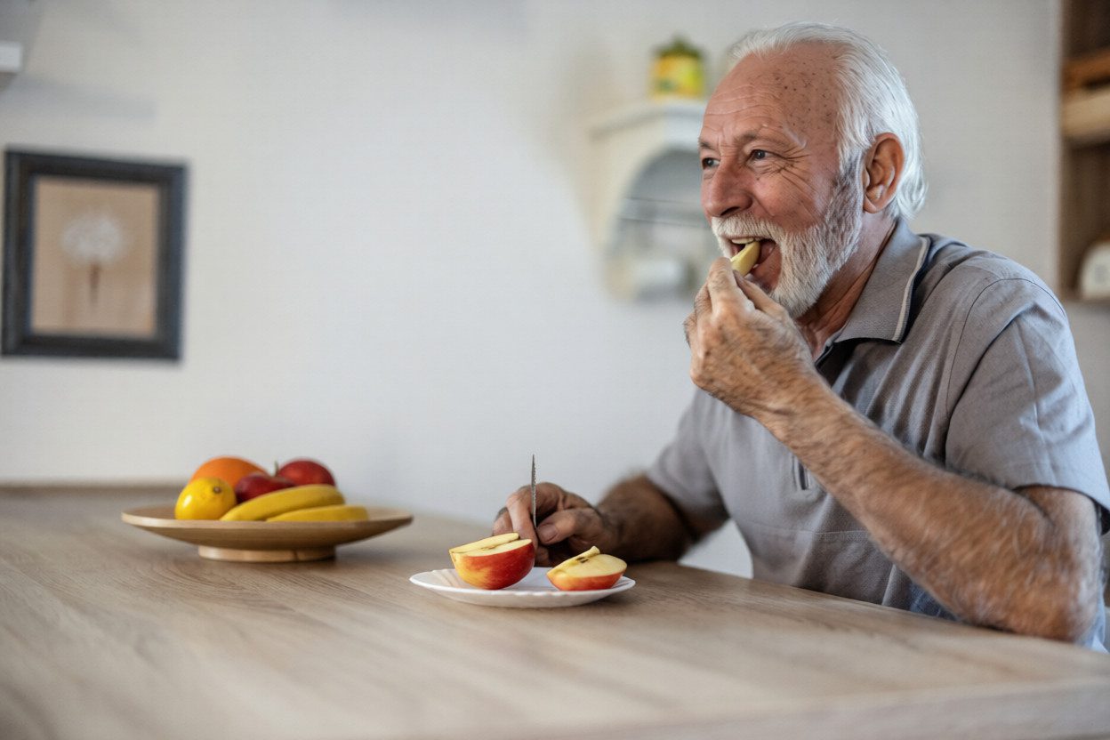 Older man comfortably eating an apple after All-on-4 dental implant recovery, demonstrating restored function and stability.