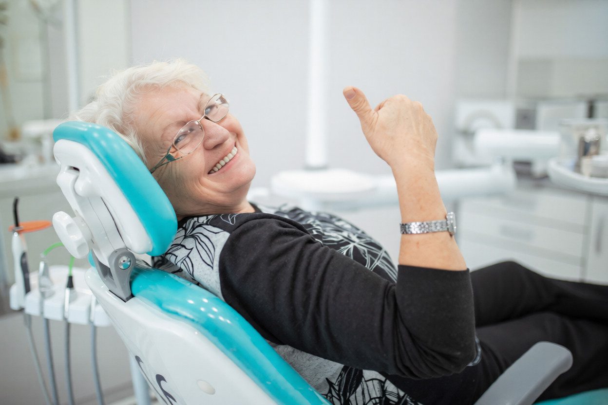 Happy senior patient in a dental chair giving a thumbs up after successful All-on-4 dental implants in Frisco.