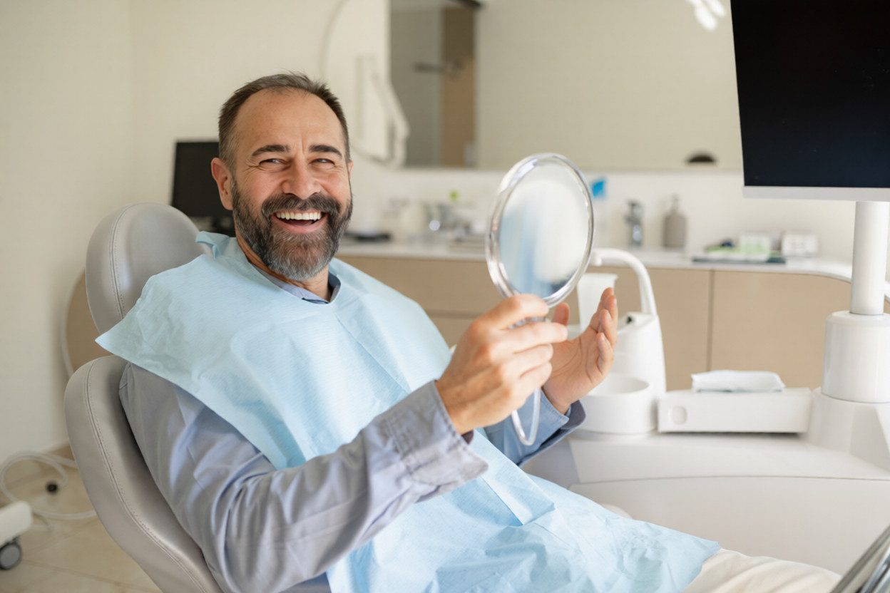 Patient checking new smile after final teeth placement following All-on-4 recovery timeline and osseointegration process.
