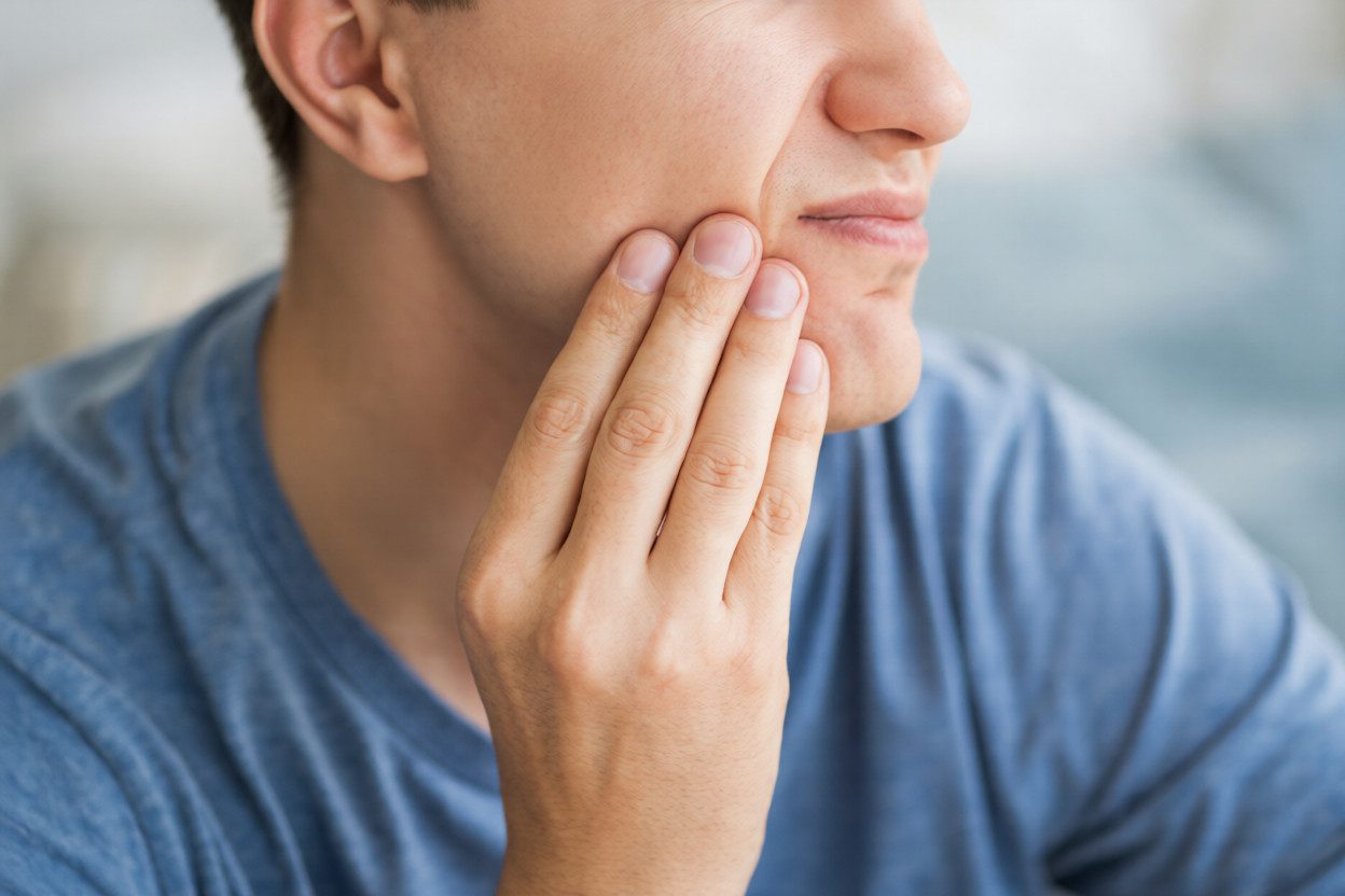 Man experiencing mild jaw discomfort during early All-on-4 healing phases after full-arch dental implant procedure.