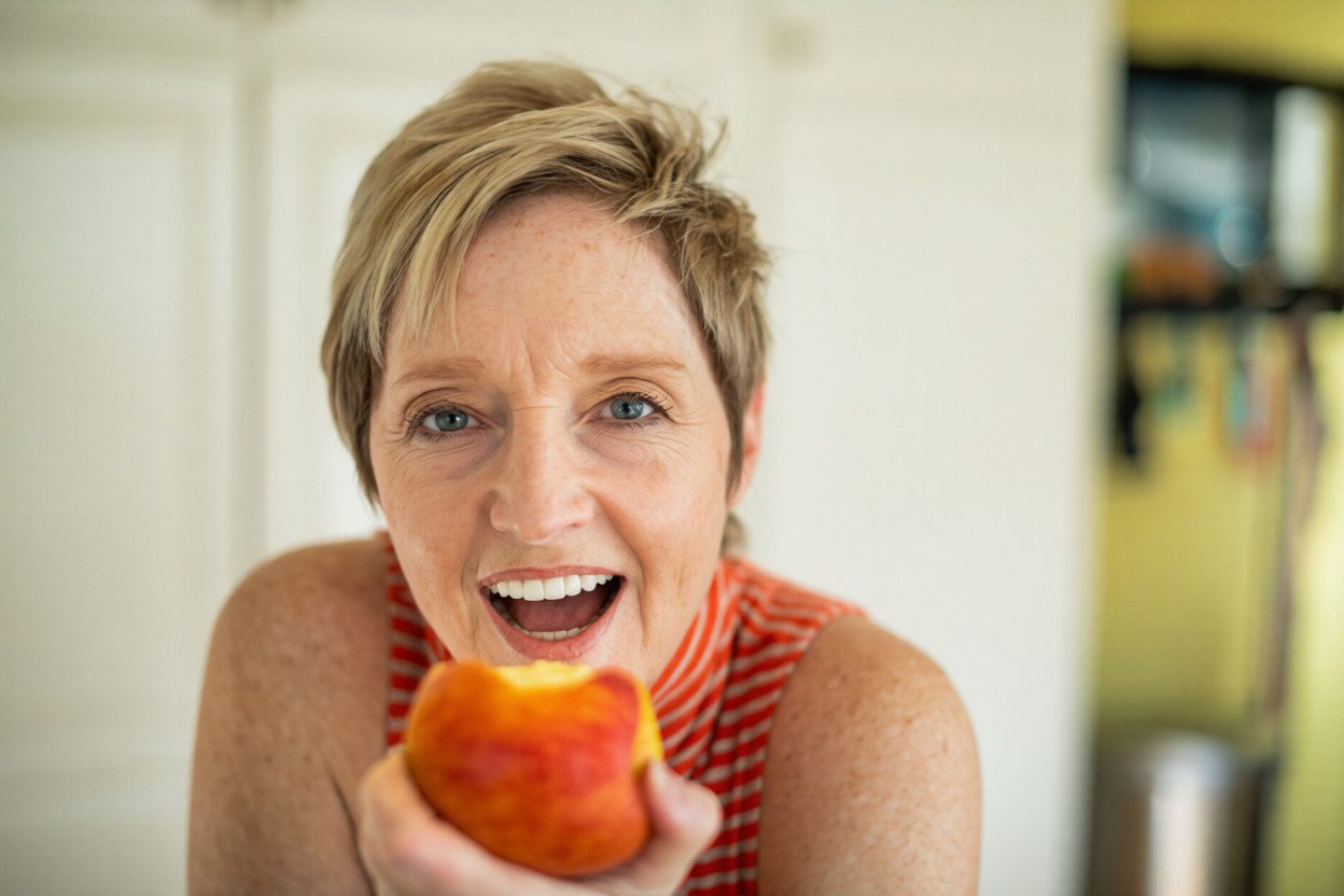 Woman eating an apple during All-on-4 recovery timeline showing gradual return to normal diet after dental implant recovery at Frisco Dental Implant Center.