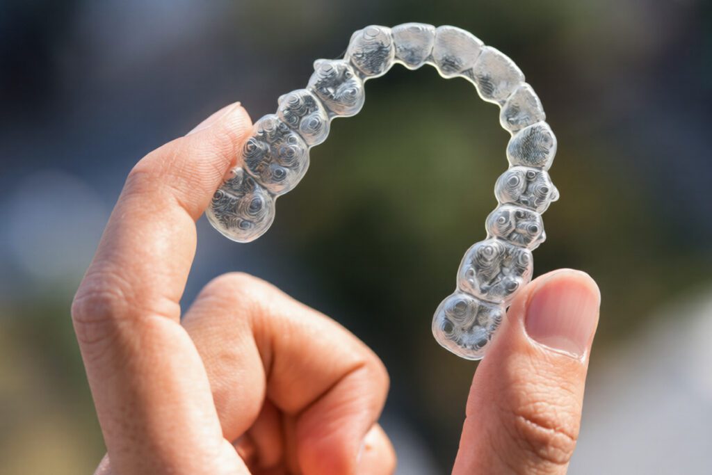 Hand holding clear Invisalign aligners used for teeth straightening in Frisco