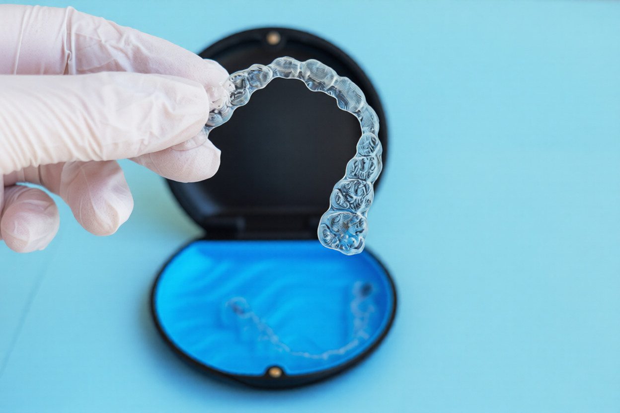 Close-up of Invisalign aligners showing clear teeth trays used in Invisalign treatment in Frisco