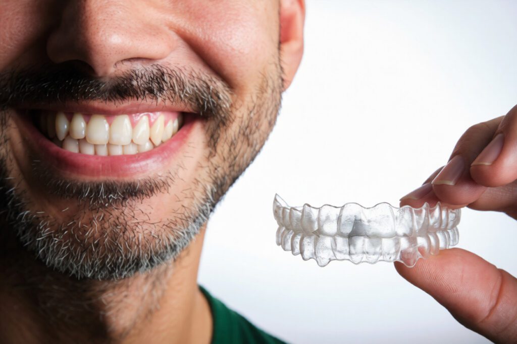 Patient smiling while holding clear aligners showing Invisalign results in Frisco
